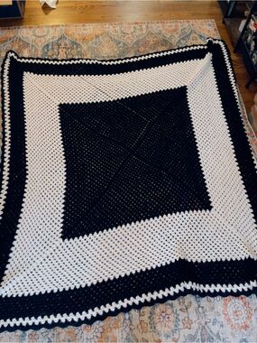 Vintage Handmade Black and White Afghan Large 80L x 70W